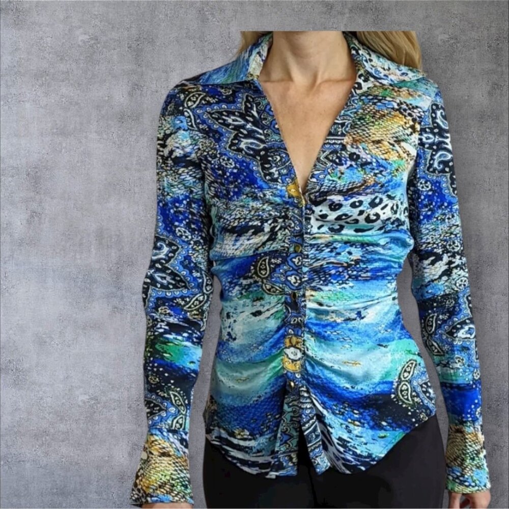 Vintage Cache Silk Abstract Rouched Button Down S… - image 5